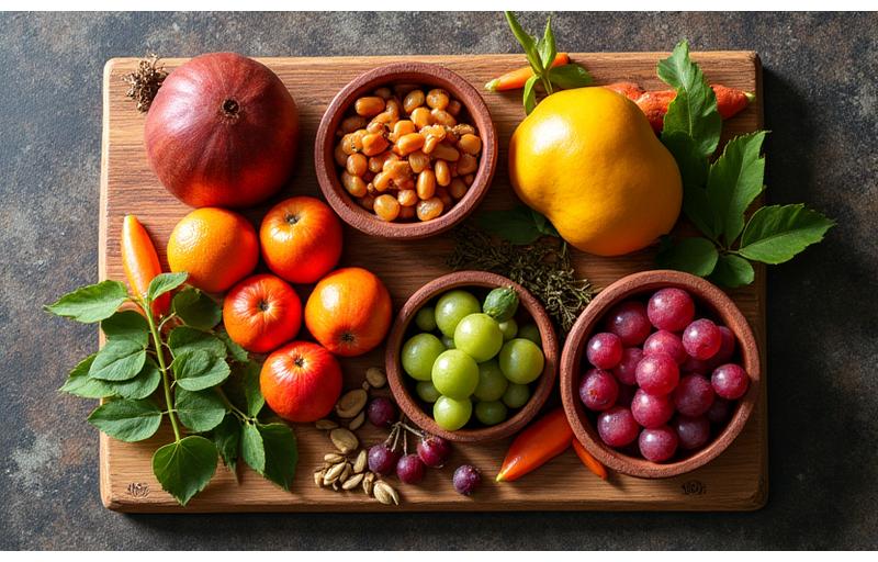 Assortment of Australian bush tucker fruits and leaves on a wooden board