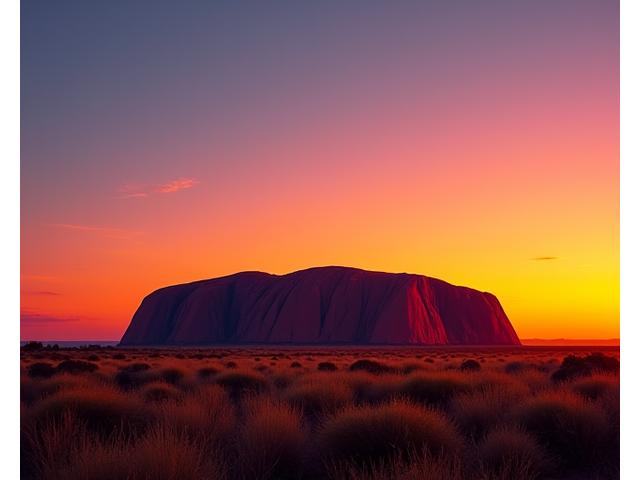 Uluru at sunset, vibrant orange and red hues